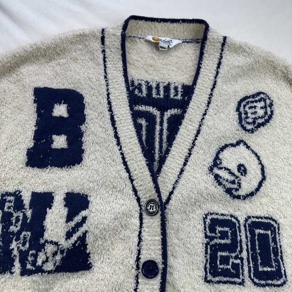 B Duck Teens Fuzzy Cardigan Sweater Cream Blue Varsity Y2K Graphic Size Medium - Picture 4 of 16